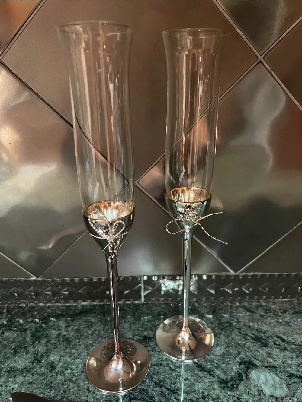 Vera Wang Silver Cake Knife and Server Set with Matching Silver Champagne Flutes
